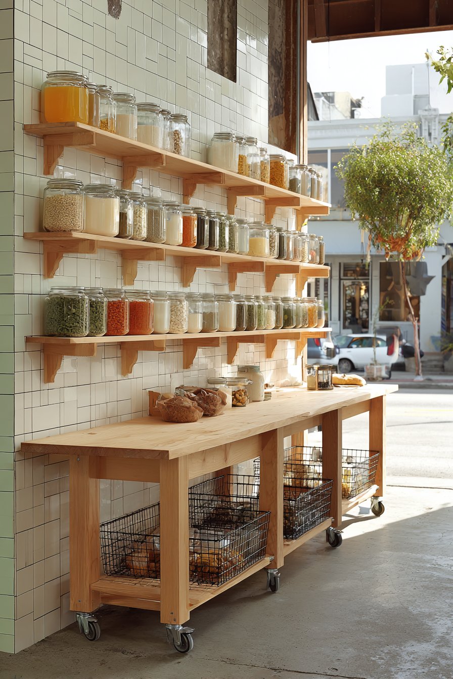 Open Shelving Showcase with Mobile Island Flexibility