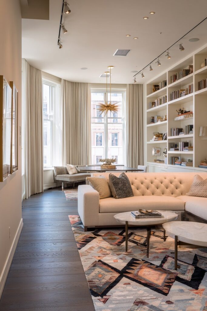Transitional Living Room with Curved Bronze Track Lighting
