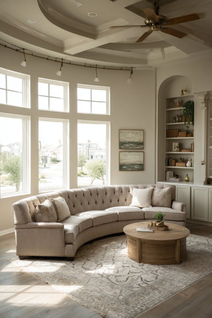 Transitional Living Room with Curved Bronze Track Lighting