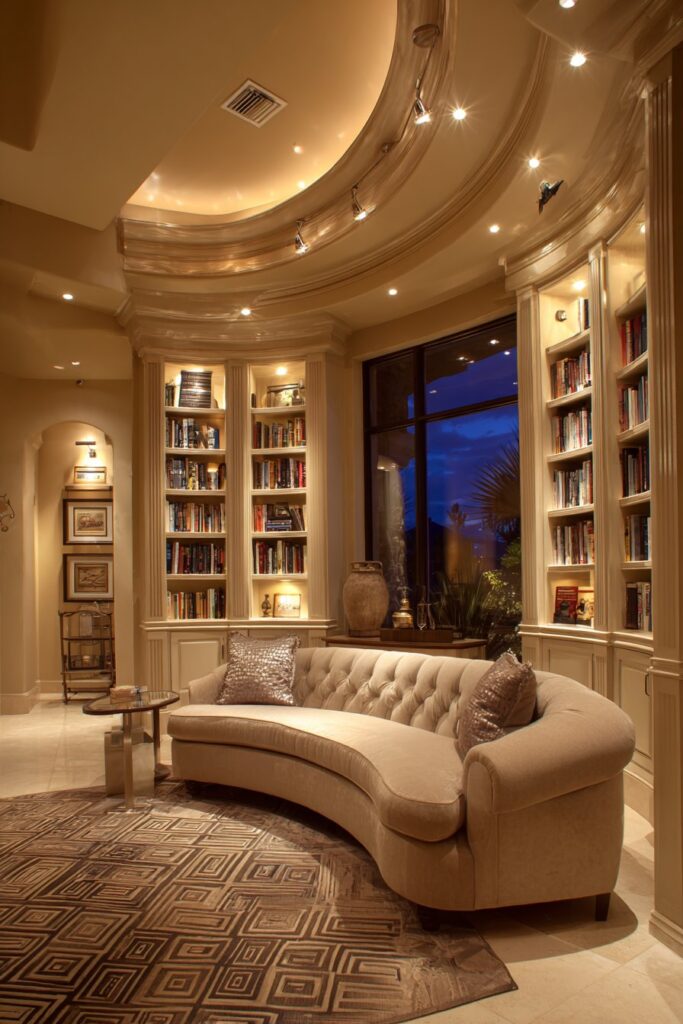 Transitional Living Room with Curved Bronze Track Lighting