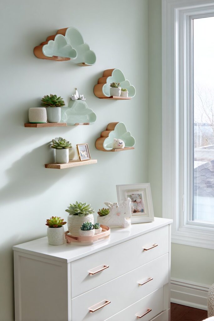 Whimsical Cloud Shelving on Mint Green Accent Wall