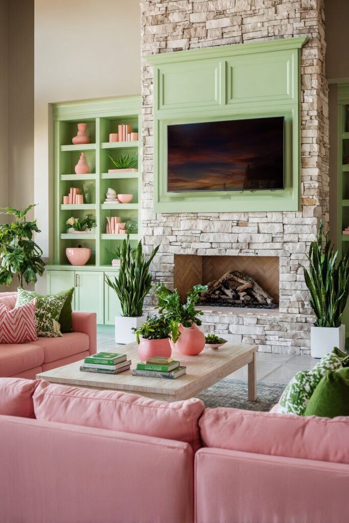 Mint Green Built-Ins with Contemporary Coral Accents