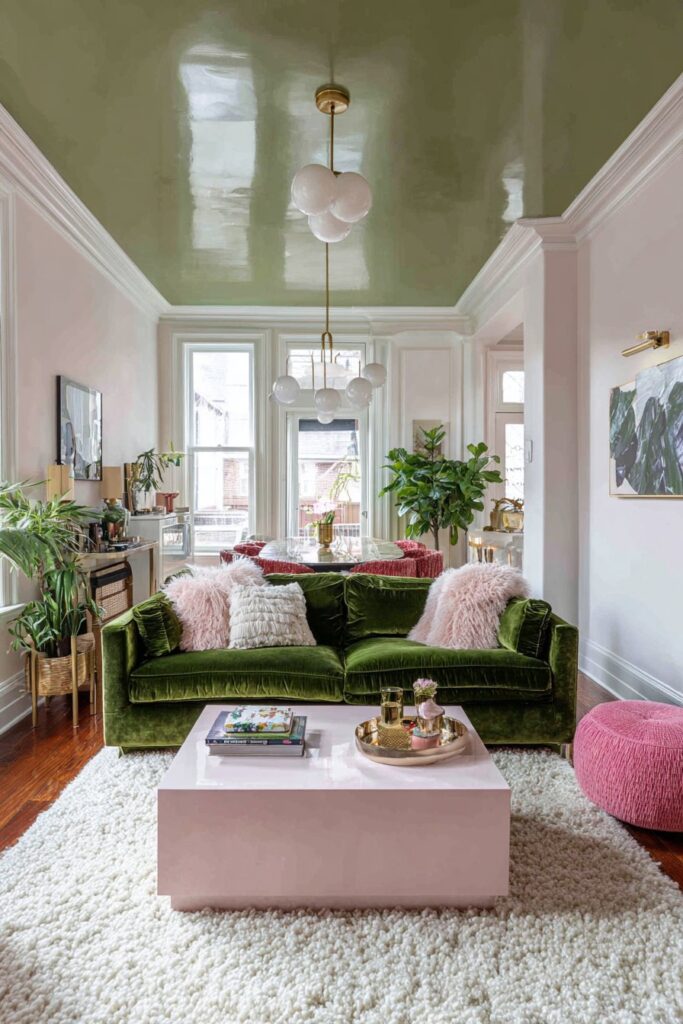 Olive Ceiling Statement with Peachy Pink Warmth