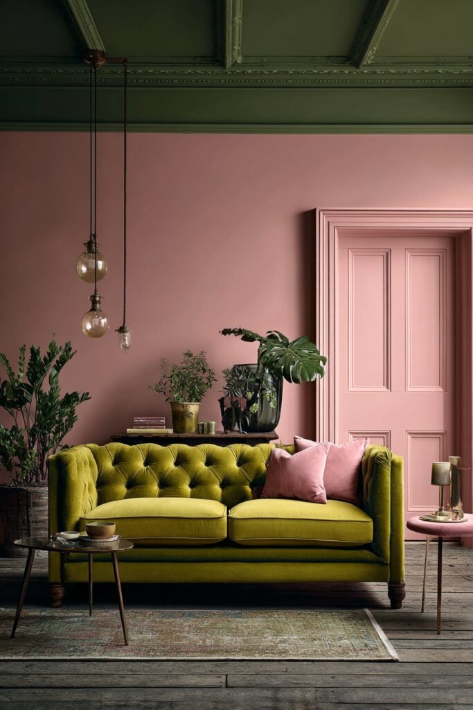 Olive Ceiling Statement with Peachy Pink Warmth