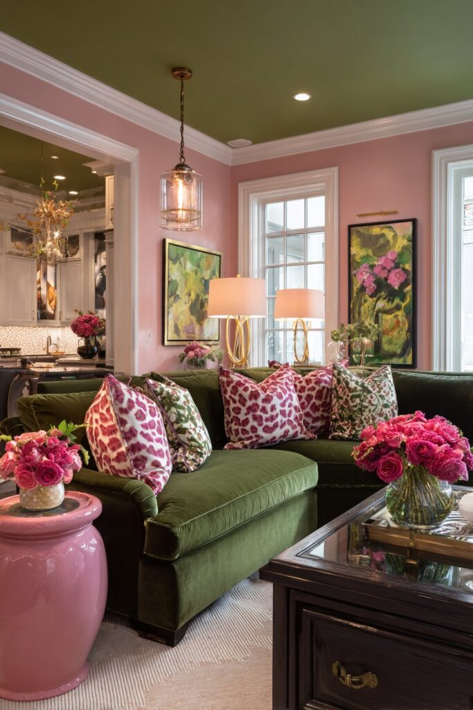 Olive Ceiling Statement with Peachy Pink Warmth