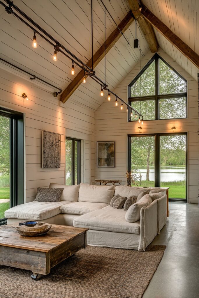 Farmhouse-Modern Living Room with Vintage-Style Track Lighting