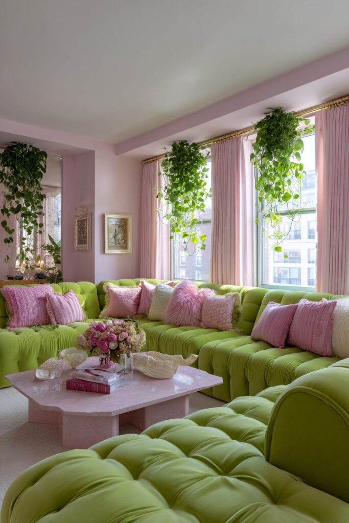 Kelly Green Bold Statement with Pink Travertine Elegance