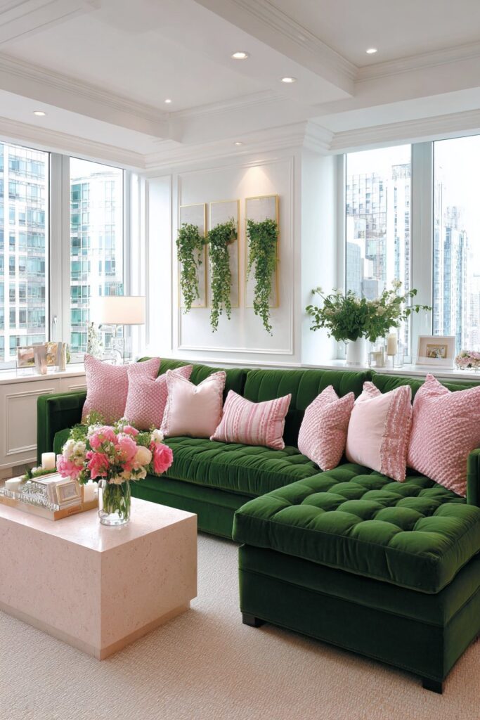 Kelly Green Bold Statement with Pink Travertine Elegance
