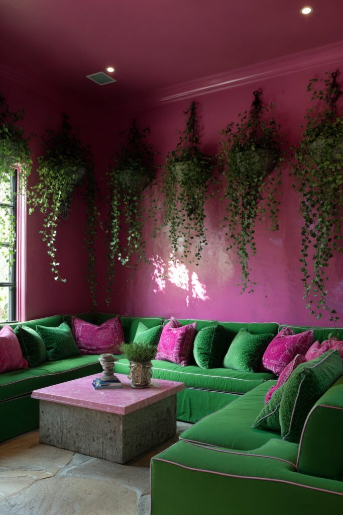 Kelly Green Bold Statement with Pink Travertine Elegance