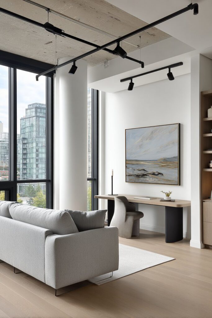 Multifunctional Living Room with Zoned Track Lighting