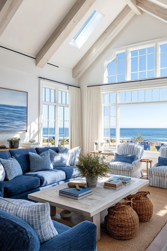 Coastal-Inspired Living Room with Bright Track Illumination