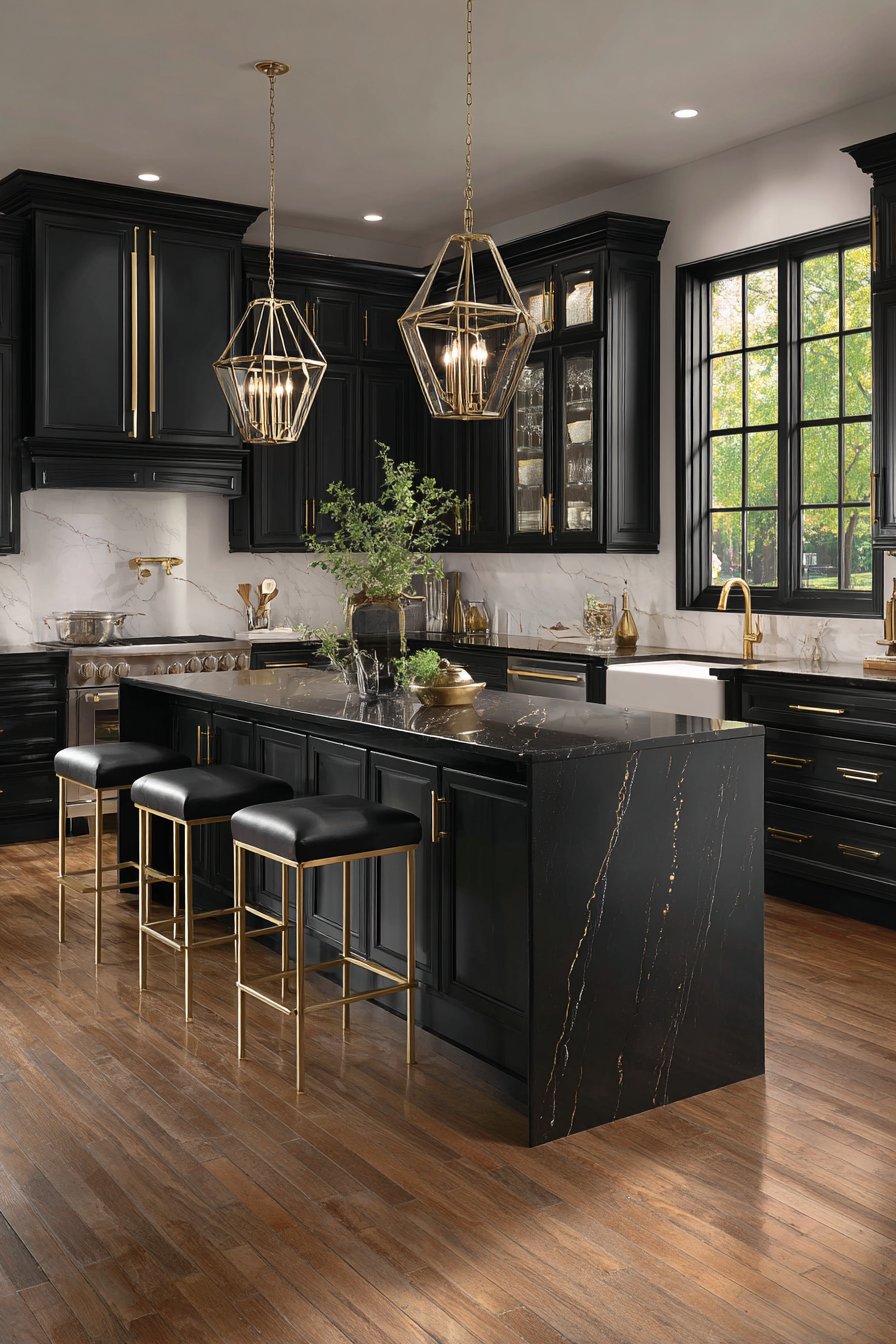 Sophisticated Matte Black Cabinetry with Brushed Gold Accents