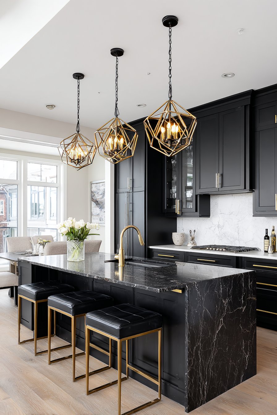Sophisticated Matte Black Cabinetry with Brushed Gold Accents