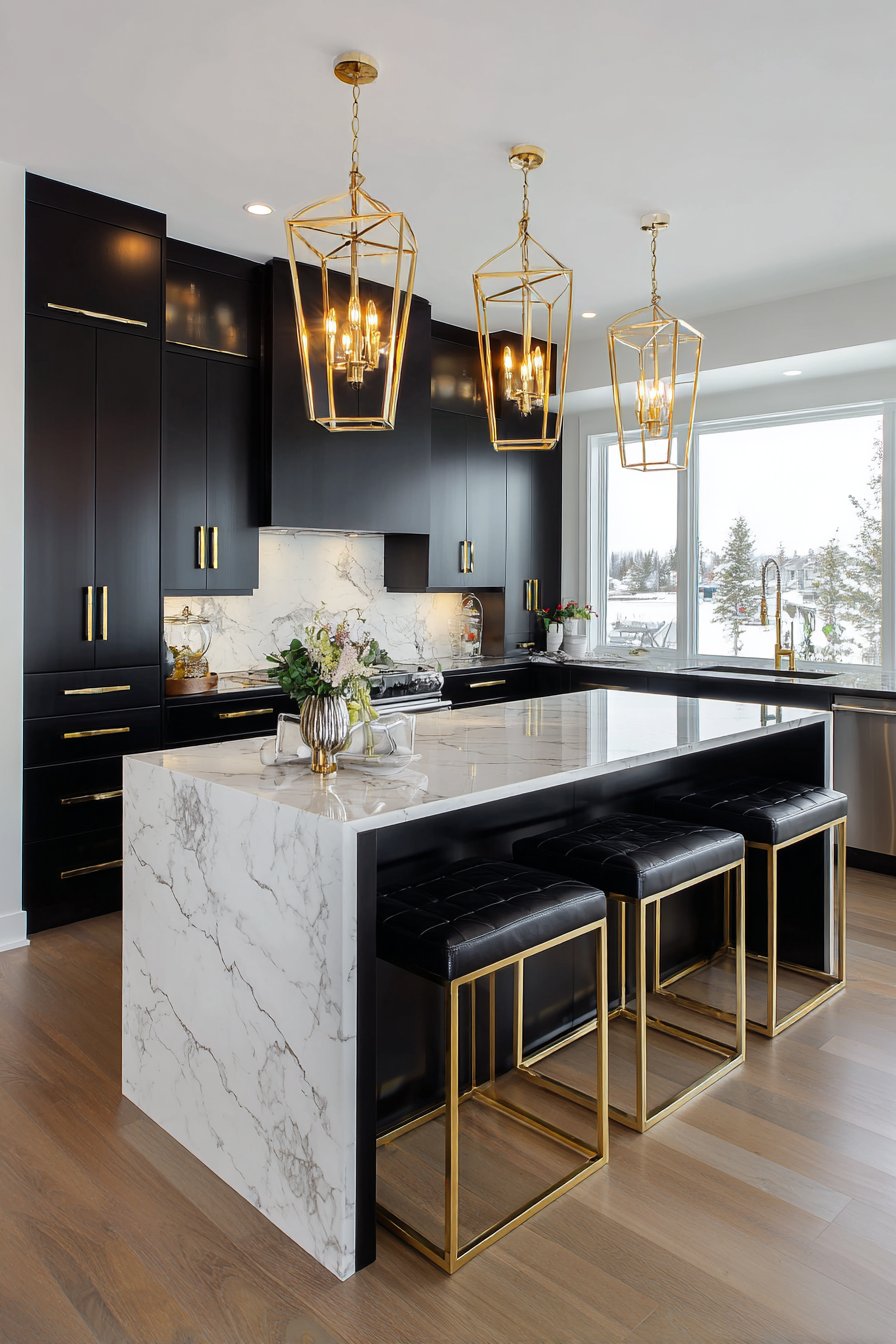 Sophisticated Matte Black Cabinetry with Brushed Gold Accents