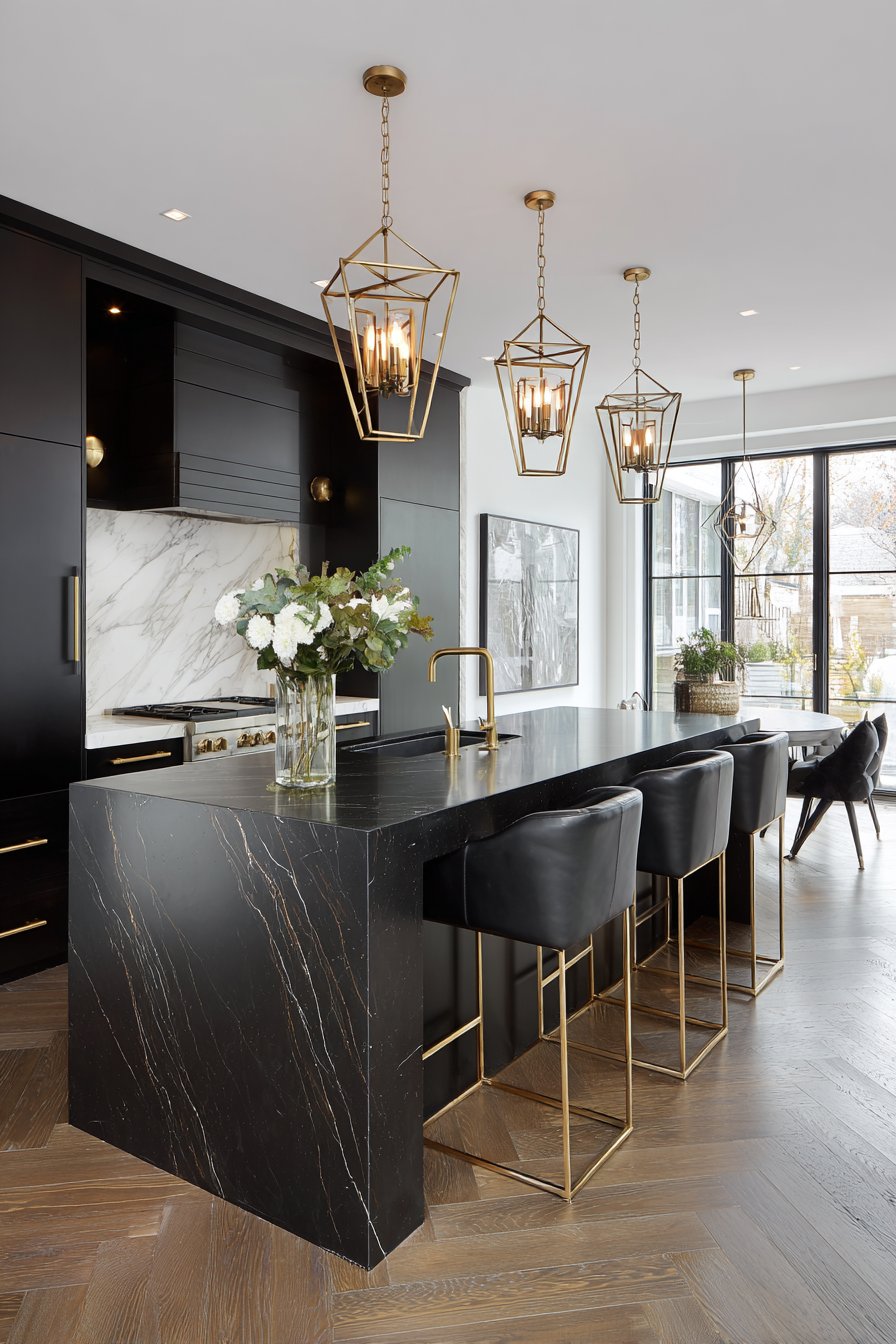 Sophisticated Matte Black Cabinetry with Brushed Gold Accents
