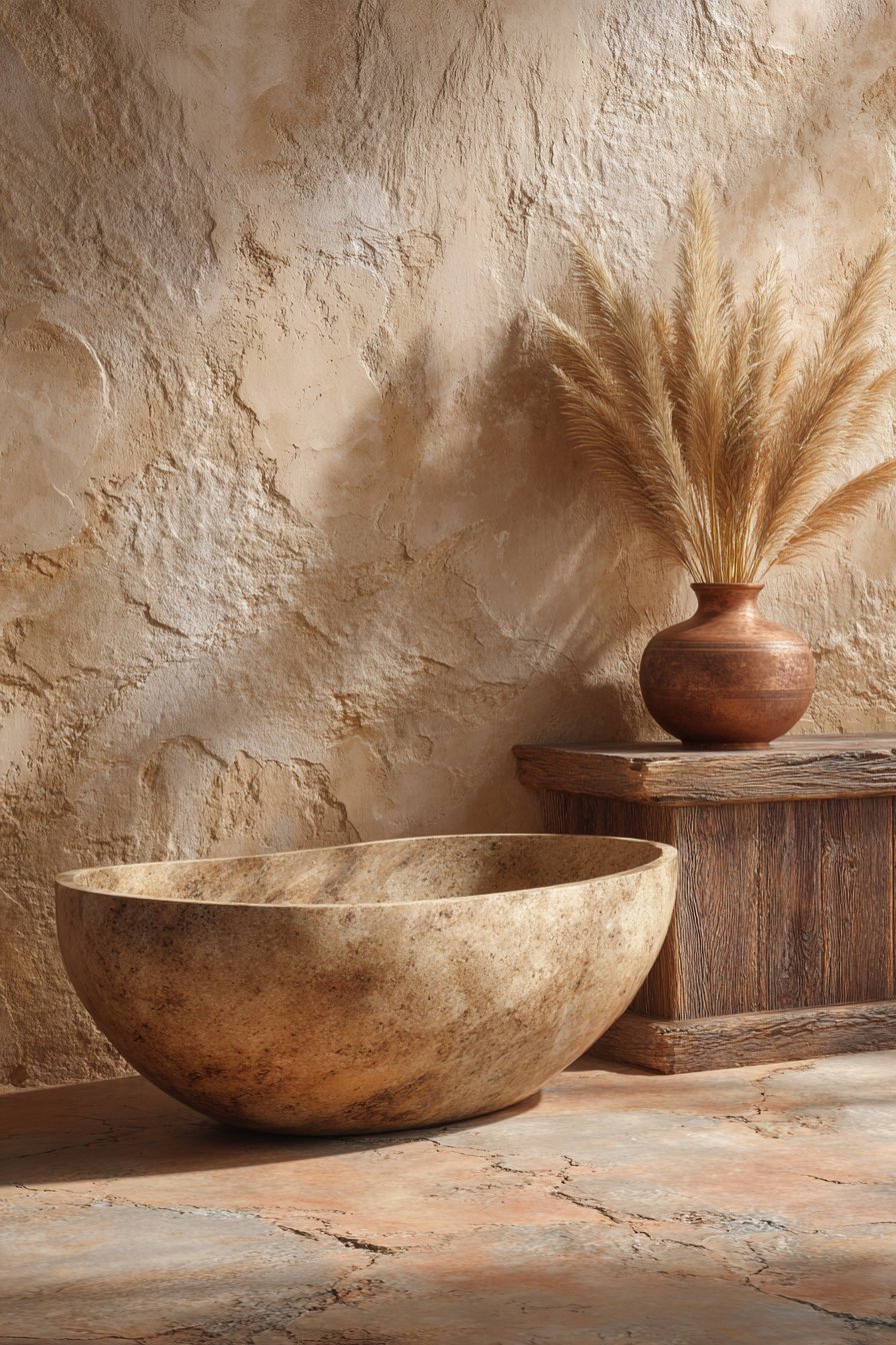 Natural Stone Bathtub with Clay Plaster Walls