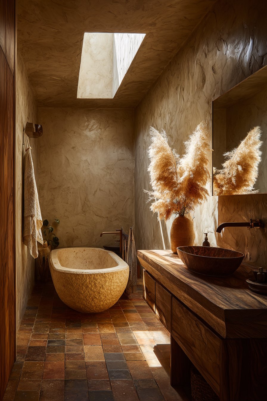Natural Stone Bathtub with Clay Plaster Walls