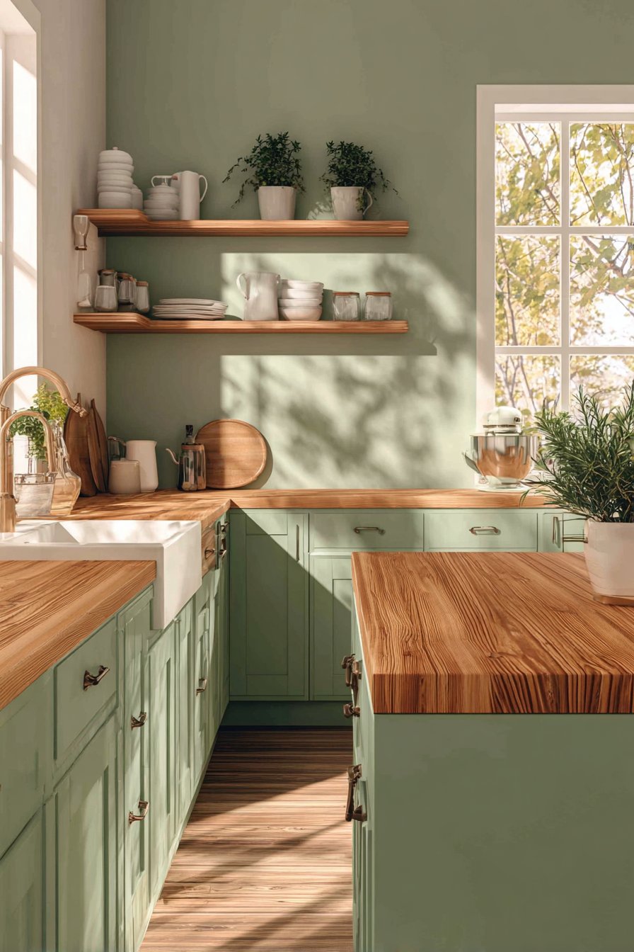 Sage Green Shaker Elegance with Natural Oak Warmth