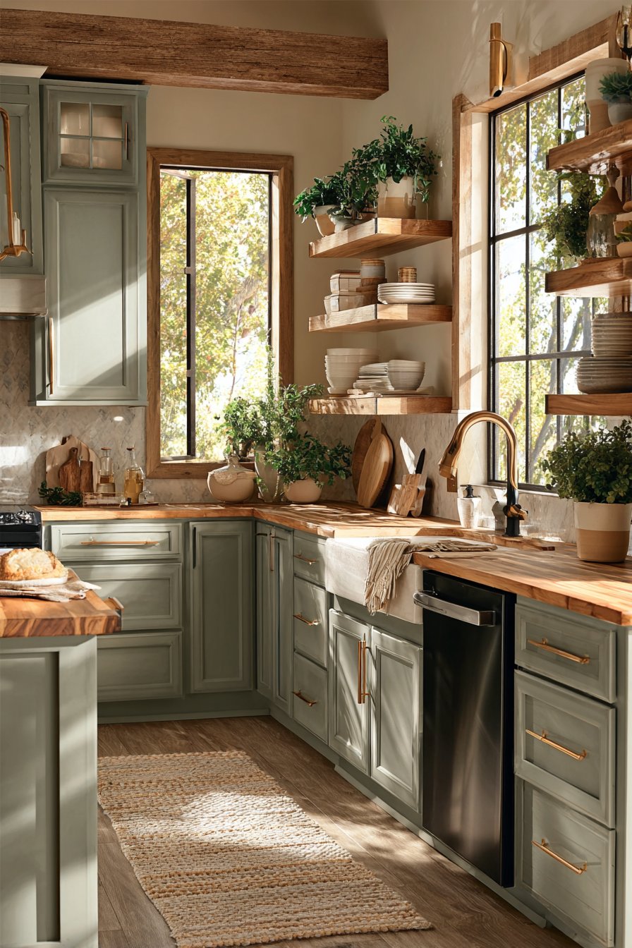 Sage Green Shaker Elegance with Natural Oak Warmth