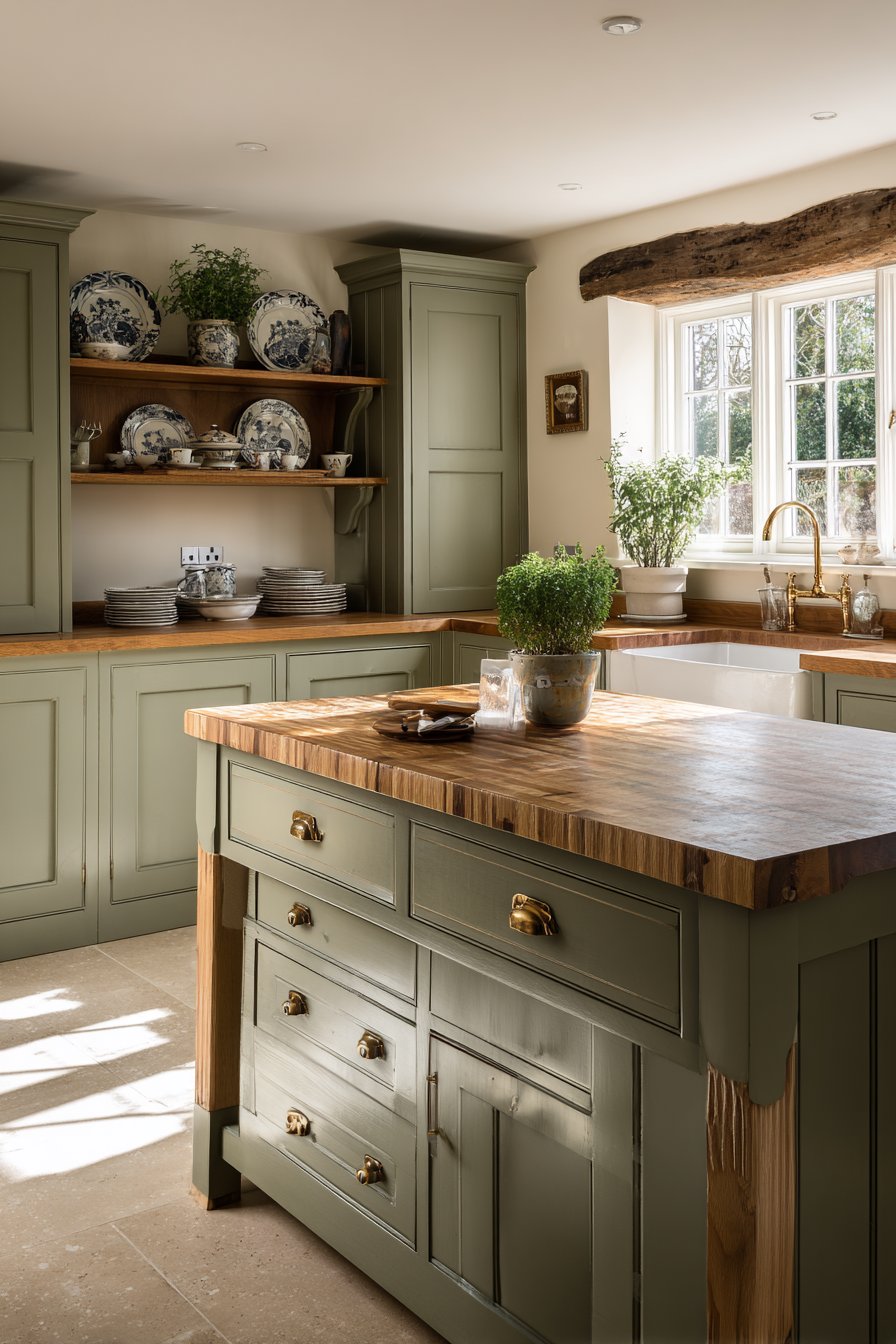 Sage Green Shaker Elegance with Natural Oak Warmth