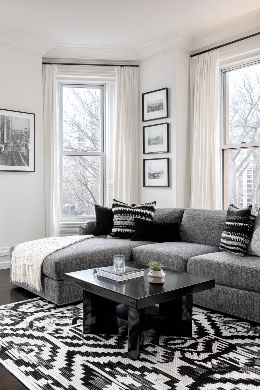 Sophisticated Charcoal and Contrast Living Space