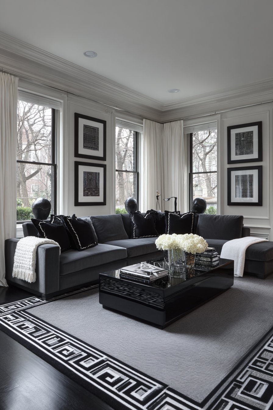 Sophisticated Charcoal and Contrast Living Space