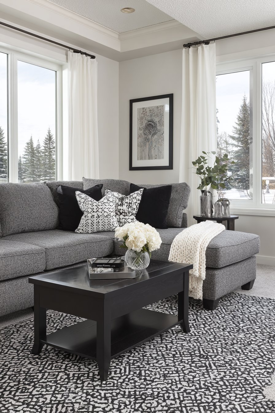 Sophisticated Charcoal and Contrast Living Space