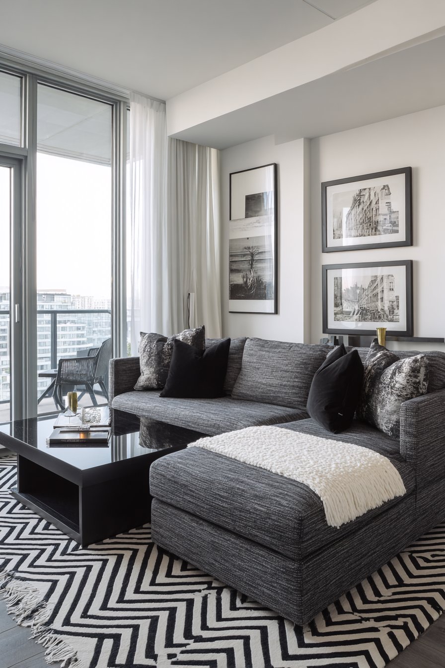 Sophisticated Charcoal and Contrast Living Space