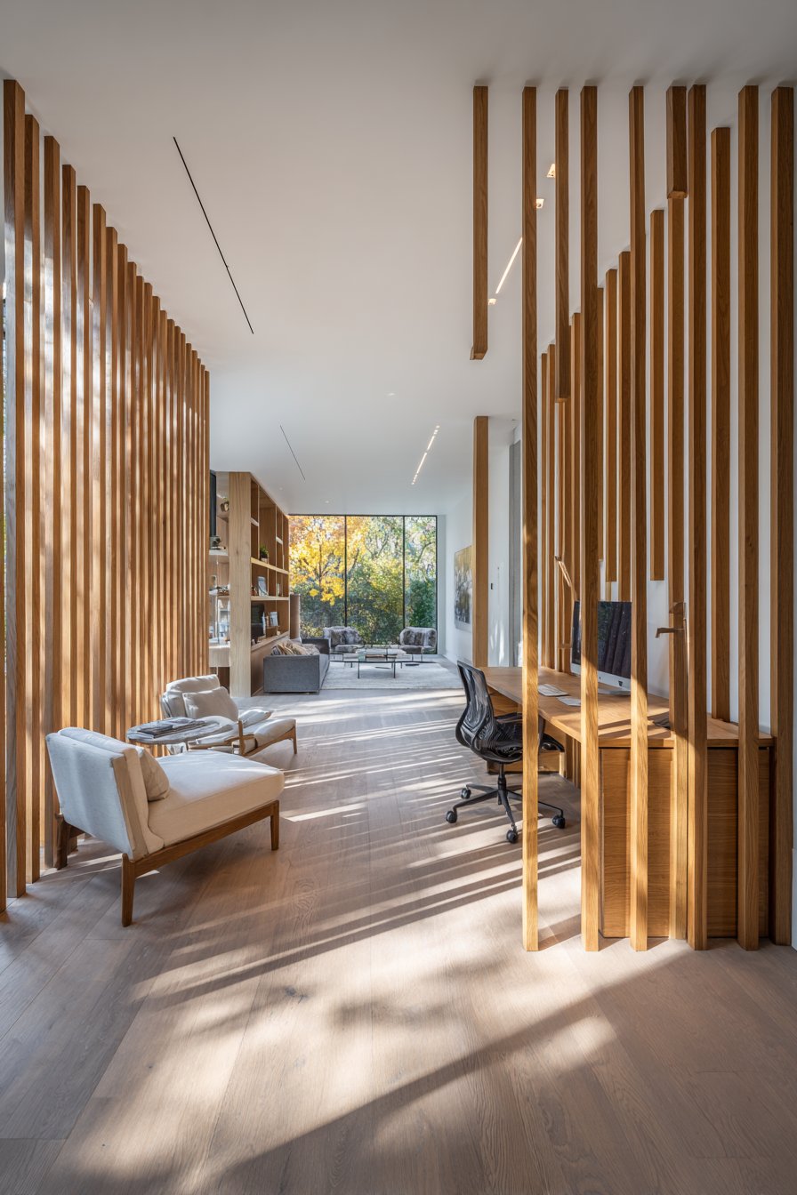 Natural Oak Slatted Wood Partition: Bringing Warmth and Rhythm to Open Spaces