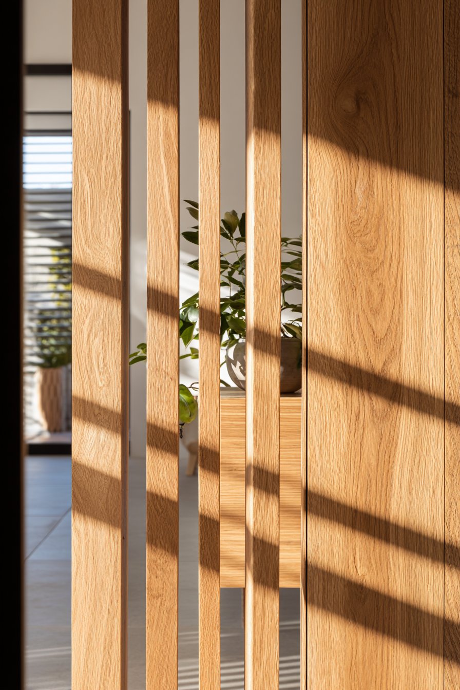 Natural Oak Slatted Wood Partition: Bringing Warmth and Rhythm to Open Spaces