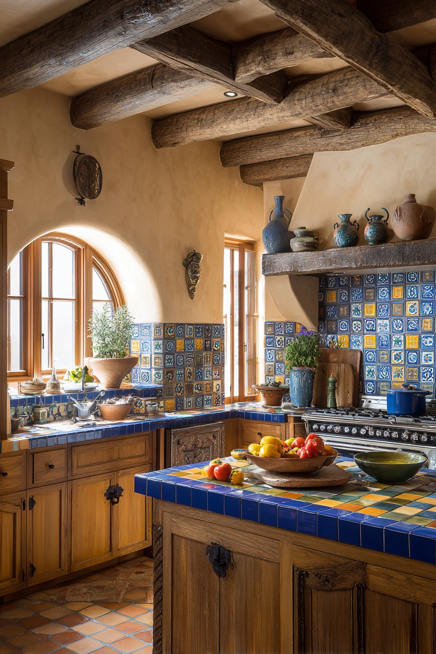Vibrant Talavera Tile Backsplash with Rustic Wood Cabinetry