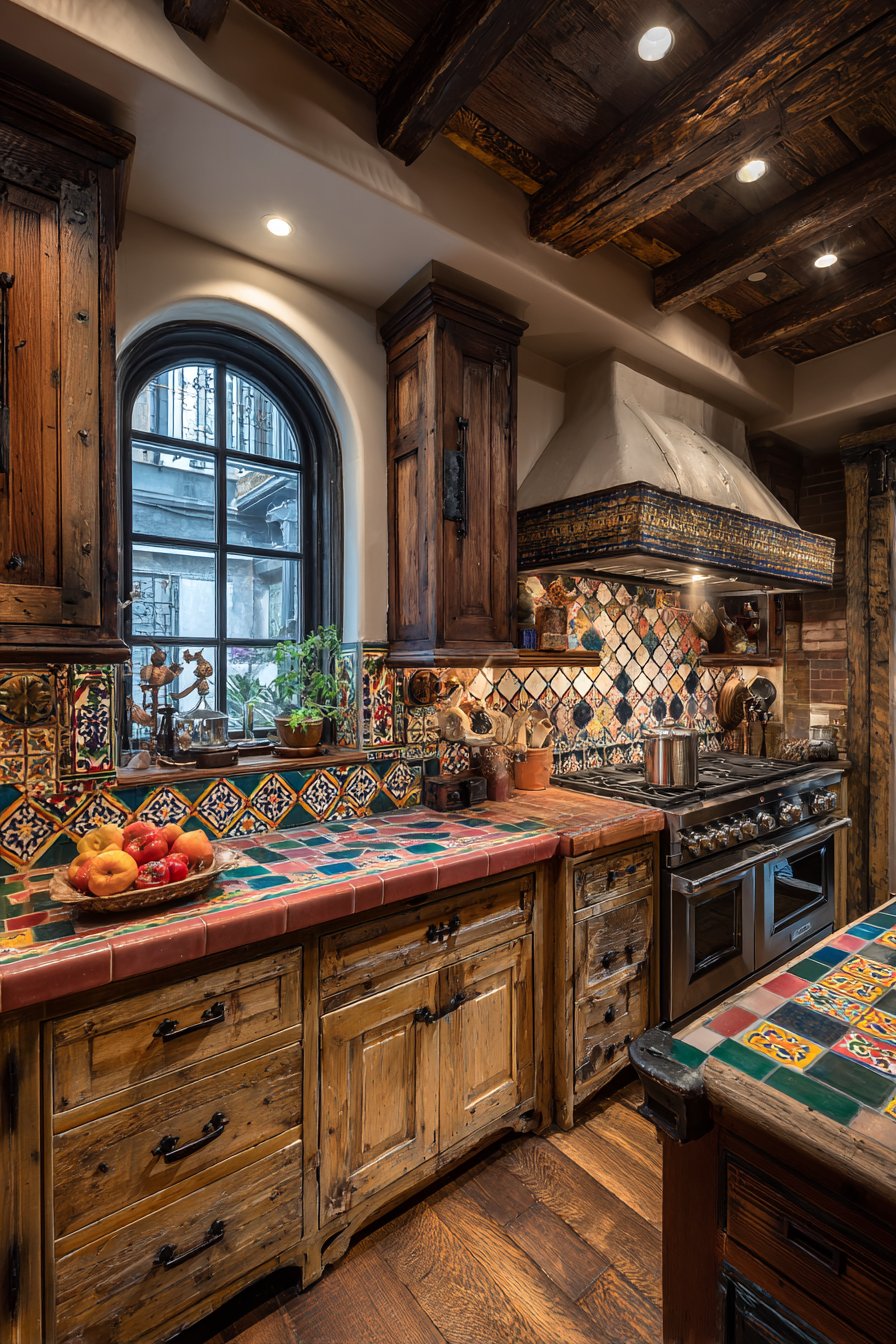 Vibrant Talavera Tile Backsplash with Rustic Wood Cabinetry