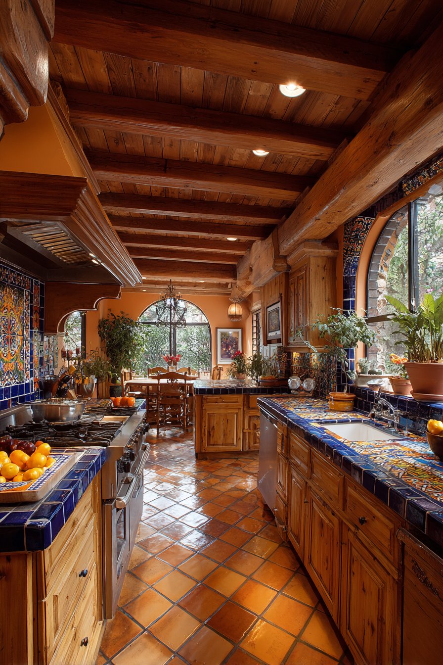 Vibrant Talavera Tile Backsplash with Rustic Wood Cabinetry