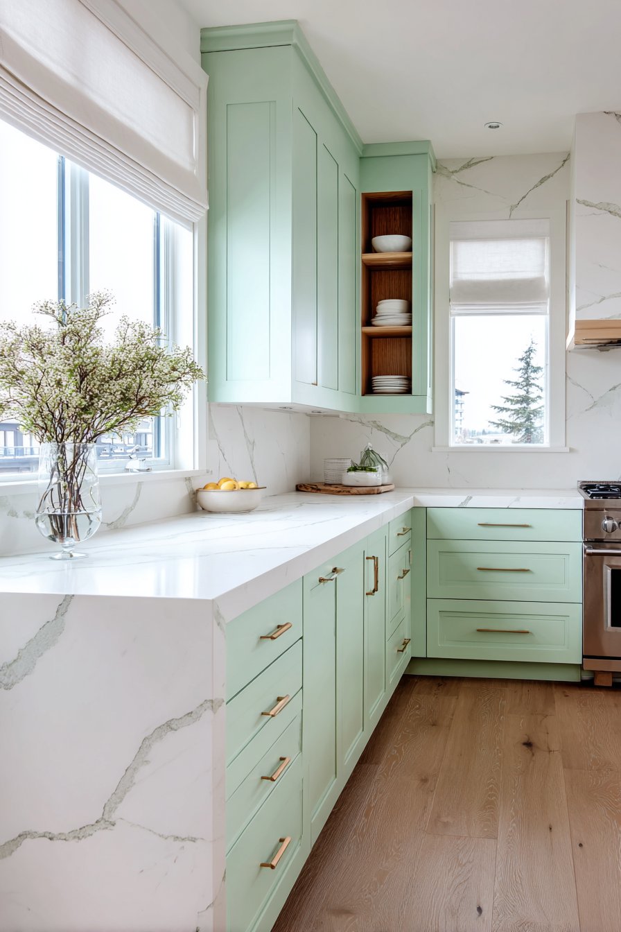 Classic Shaker-Style Mint Green Kitchen with Brass Accents
