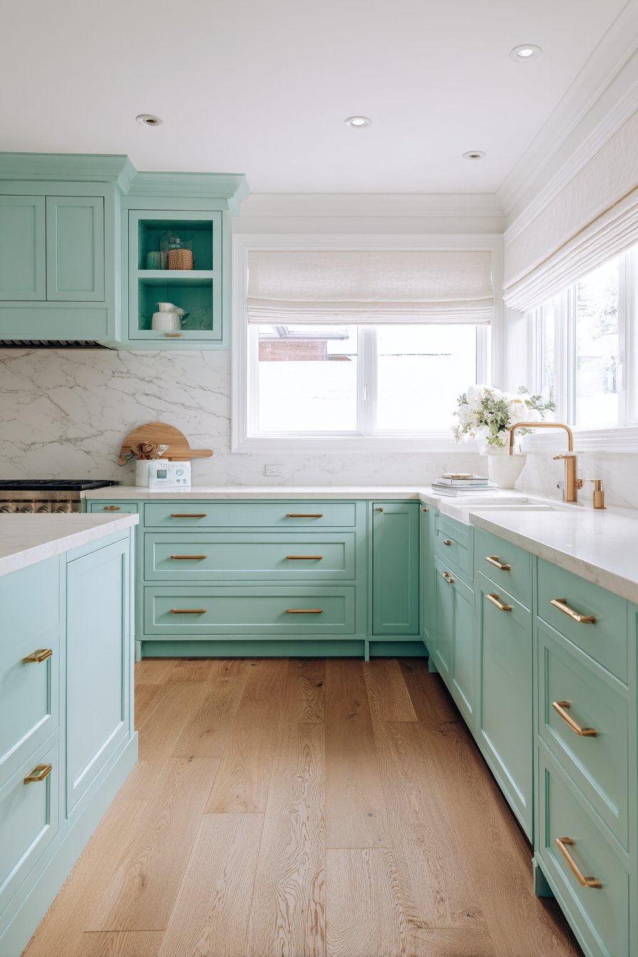 Classic Shaker-Style Mint Green Kitchen with Brass Accents