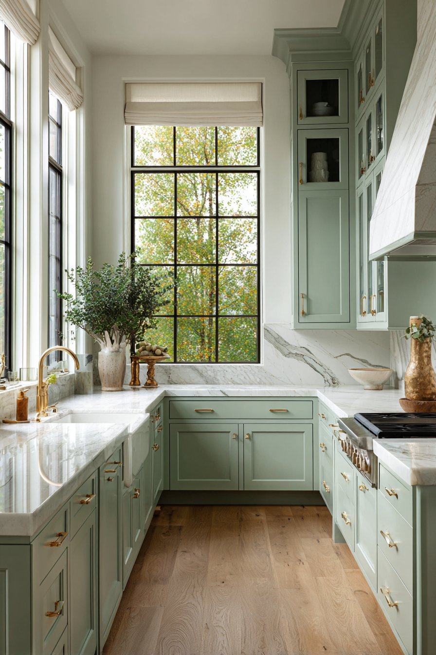 Classic Shaker-Style Mint Green Kitchen with Brass Accents