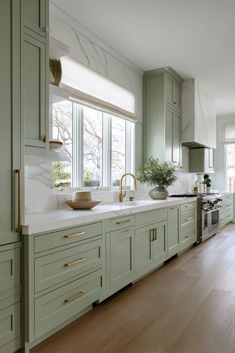 Classic Shaker-Style Mint Green Kitchen with Brass Accents