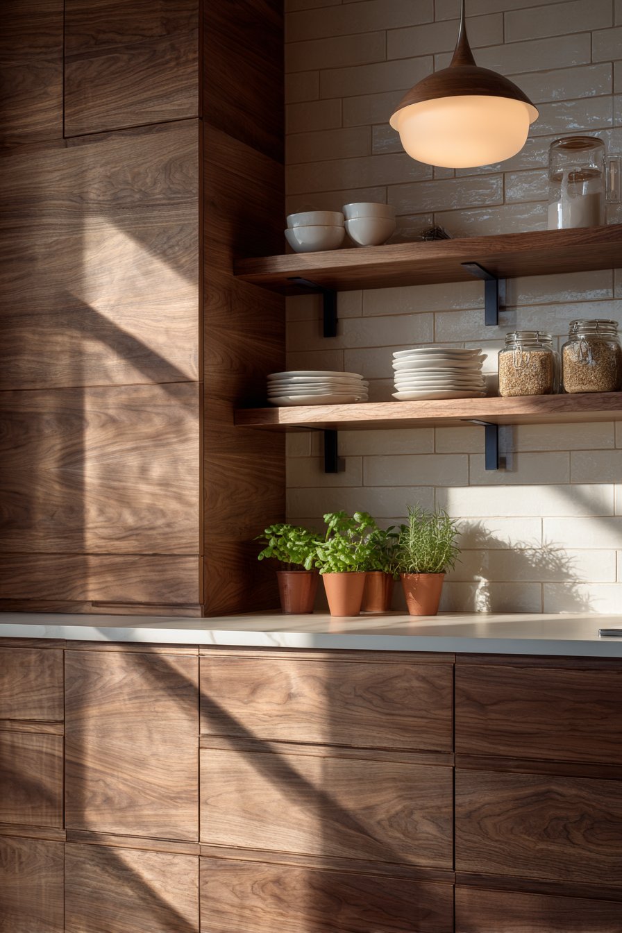 Modern Natural Walnut Elegance with Organized Displays