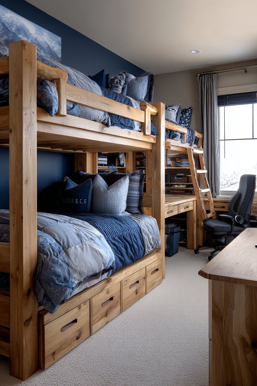 Smart Storage Bunk Bed Design with Navy Accent Wall