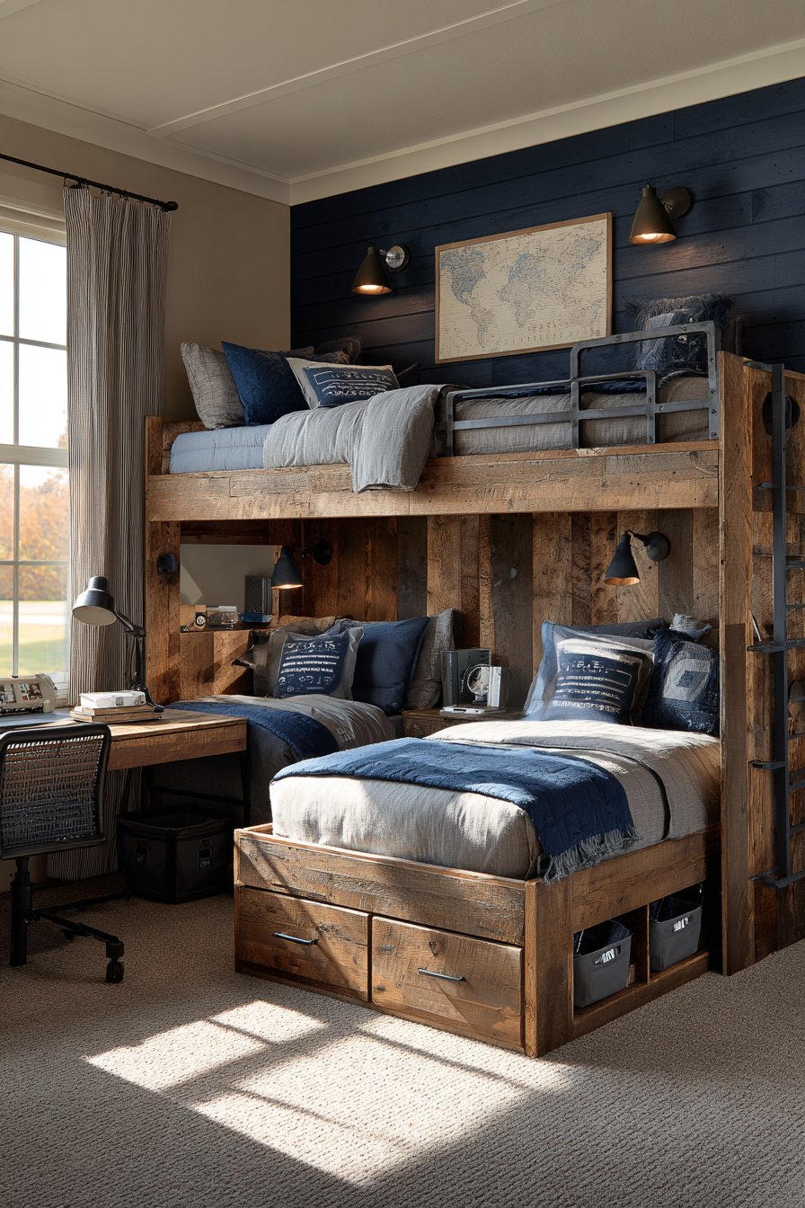 Smart Storage Bunk Bed Design with Navy Accent Wall