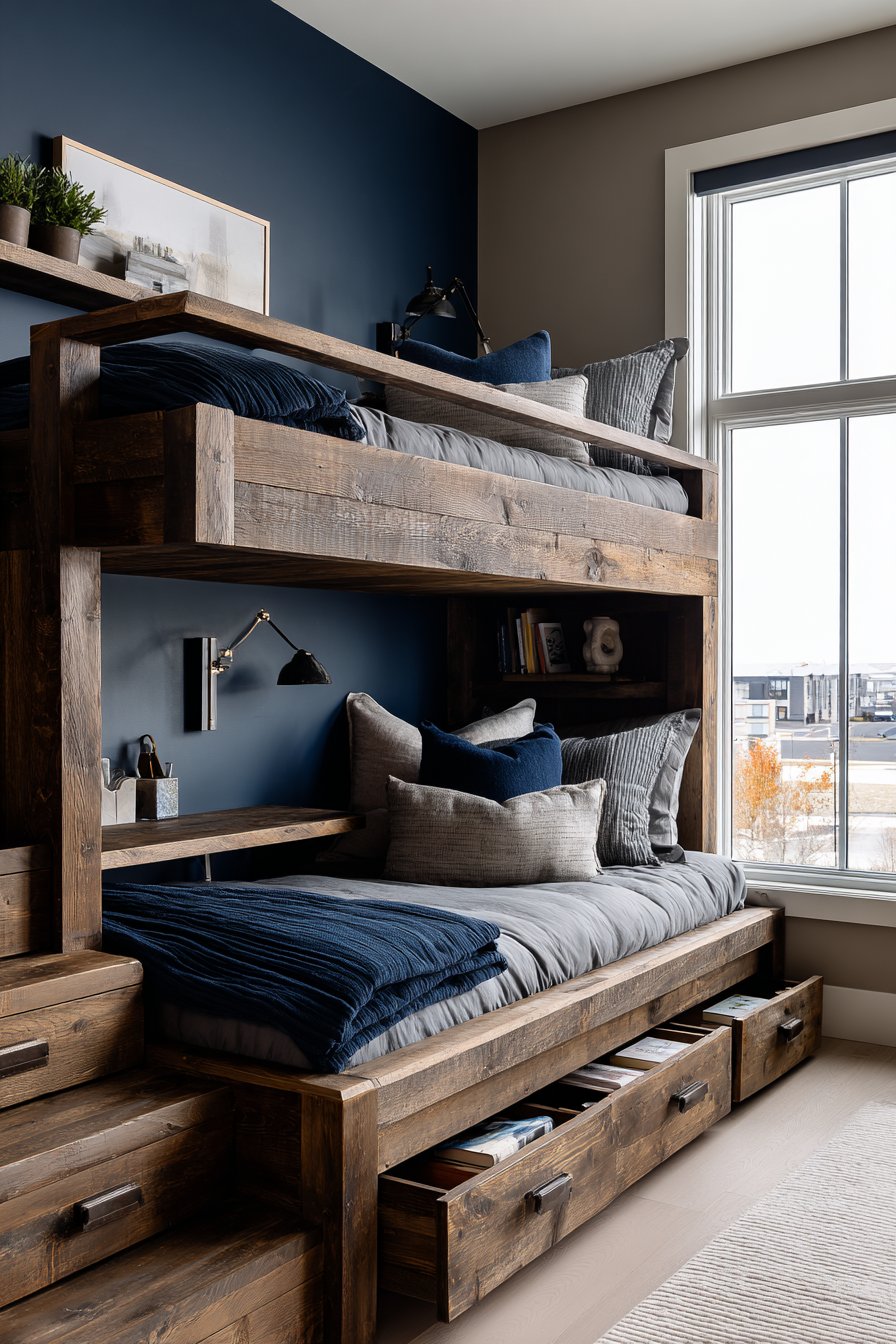Smart Storage Bunk Bed Design with Navy Accent Wall