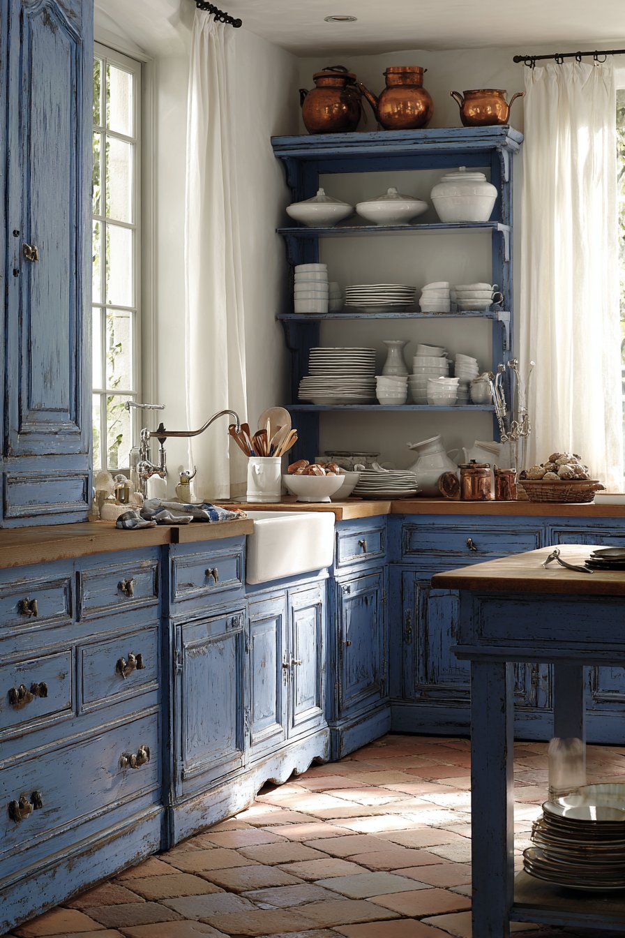 Distressed Cobalt Elegance with Provincial Details
