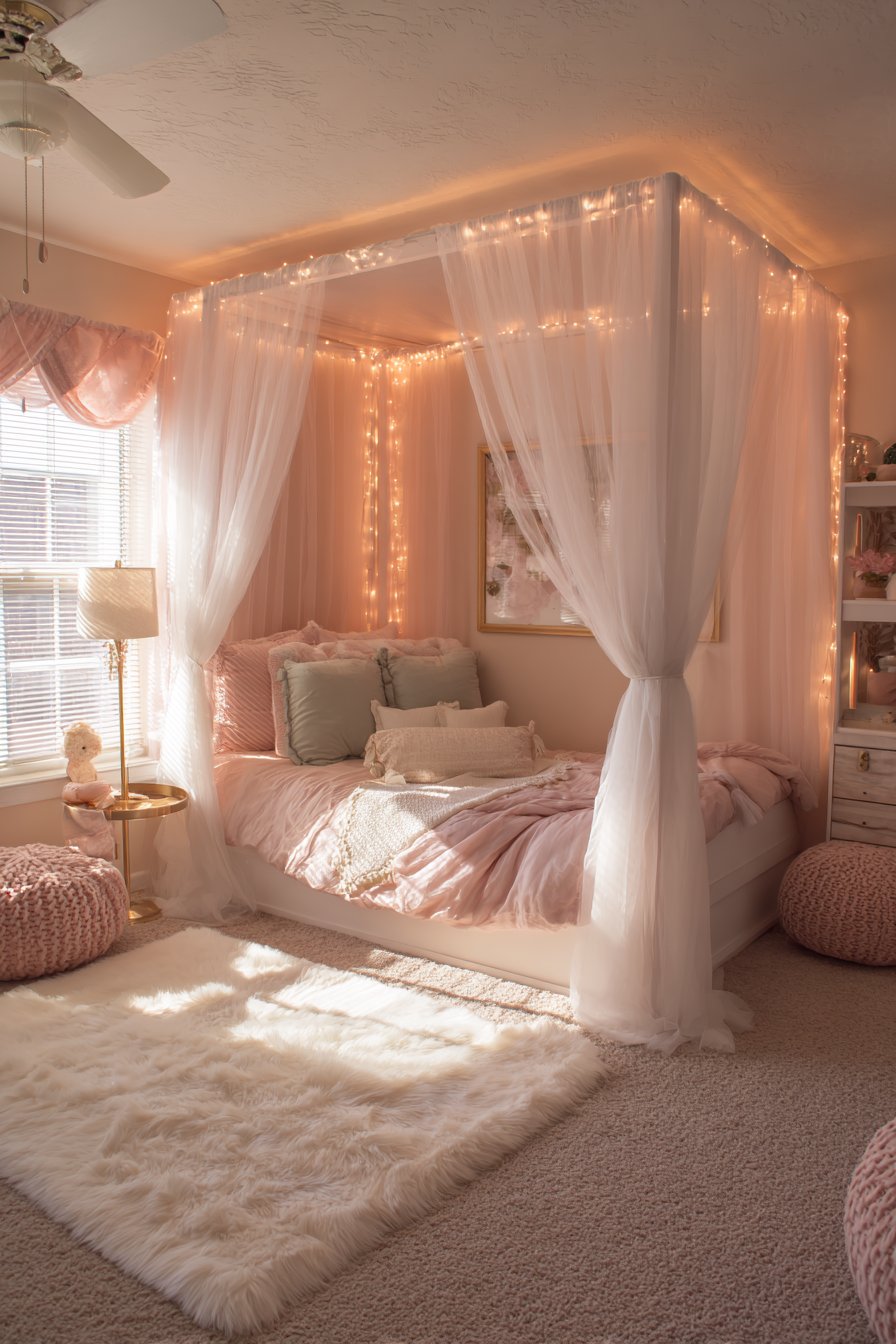 Dreamy Canopy Bed Sanctuary with Fairy Light Enchantment