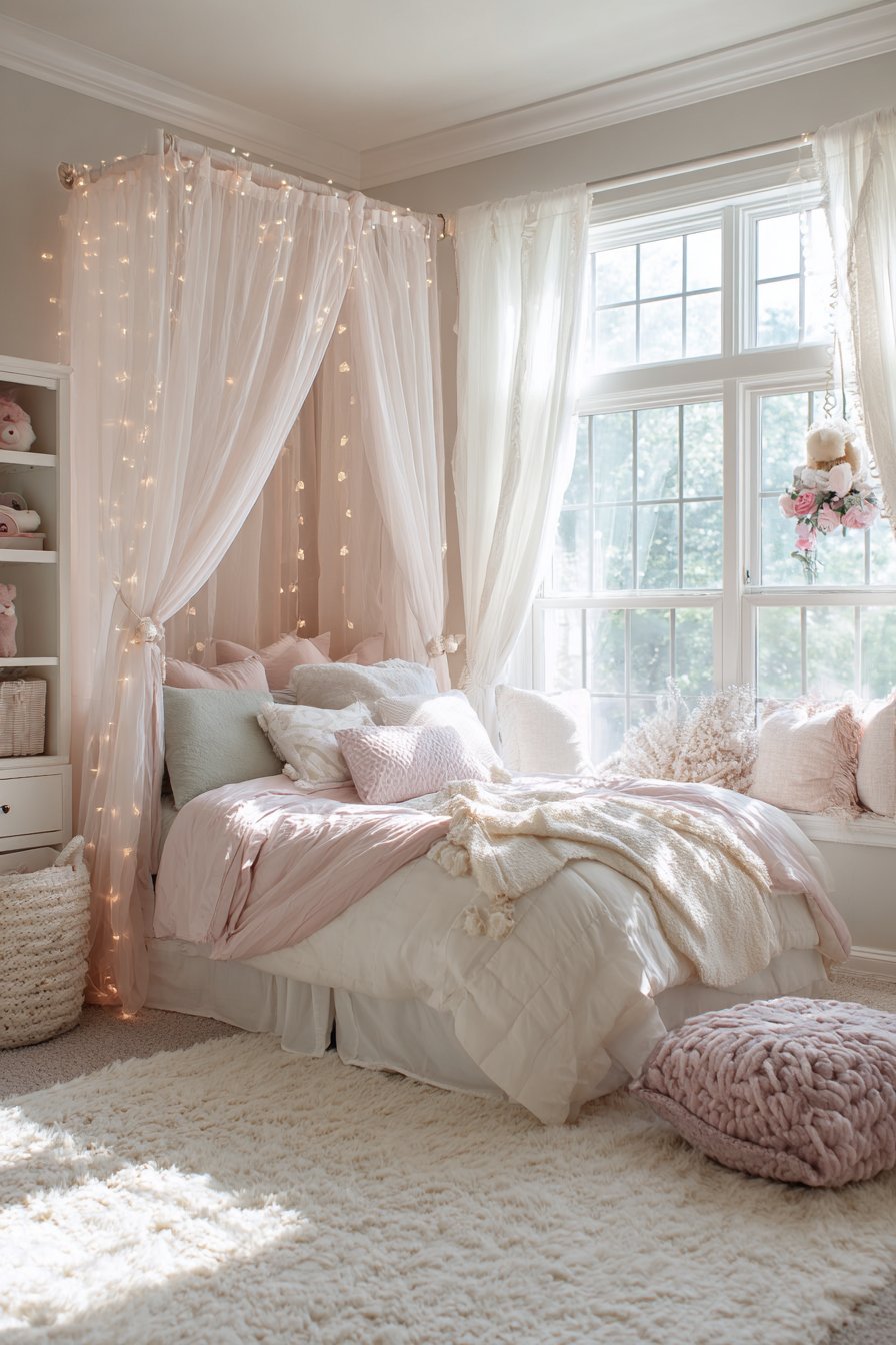 Dreamy Canopy Bed Sanctuary with Fairy Light Enchantment