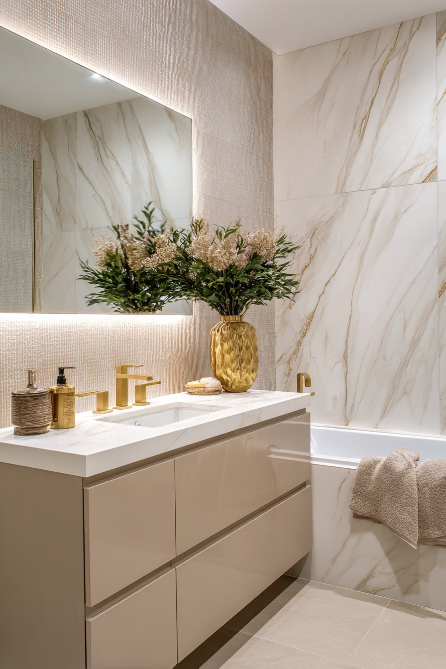 Contemporary Backlit Vanity with Statement Wall