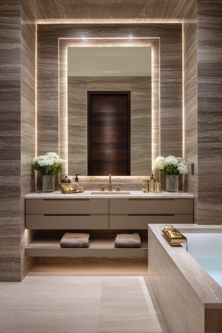 Contemporary Backlit Vanity with Statement Wall