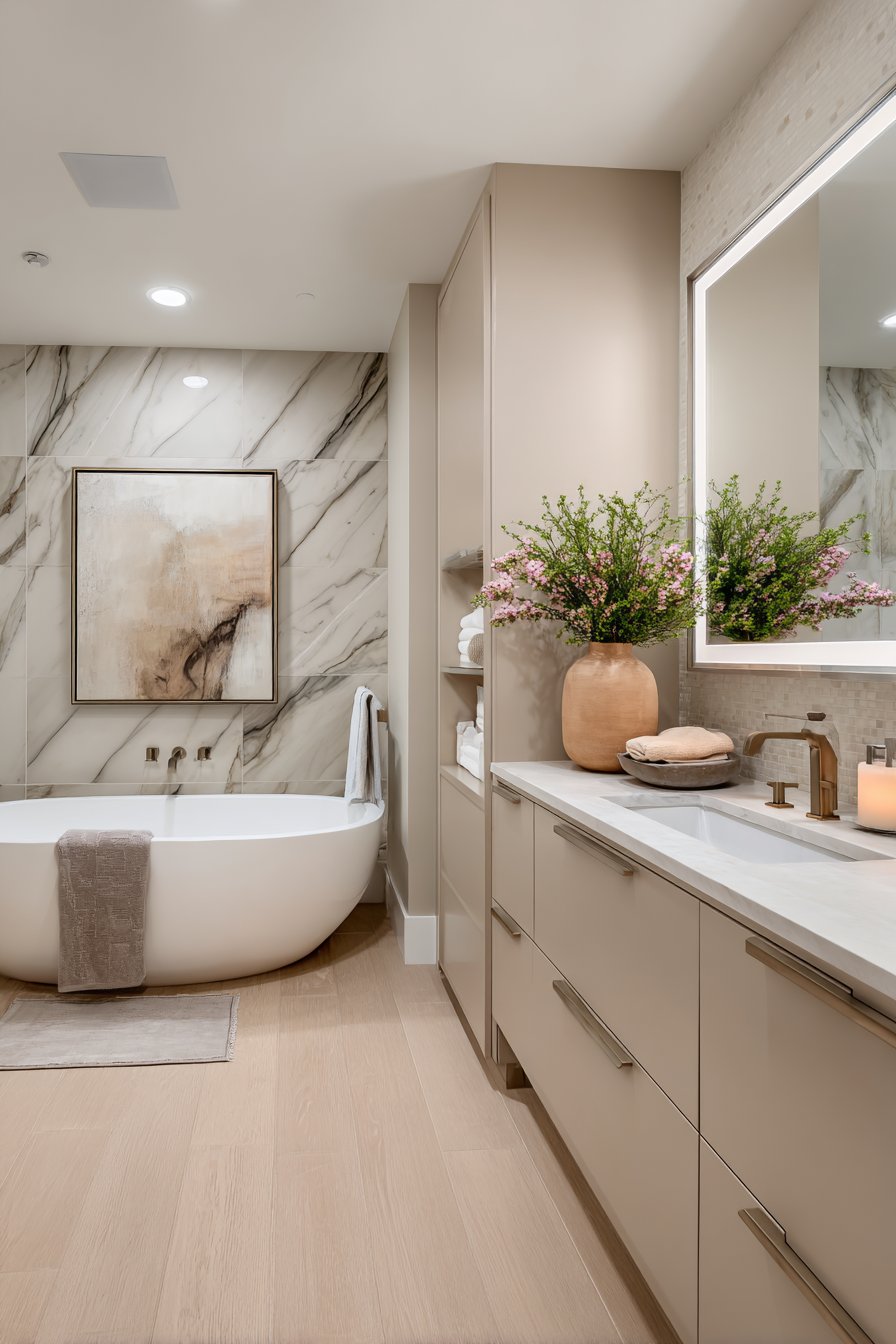 Contemporary Backlit Vanity with Statement Wall