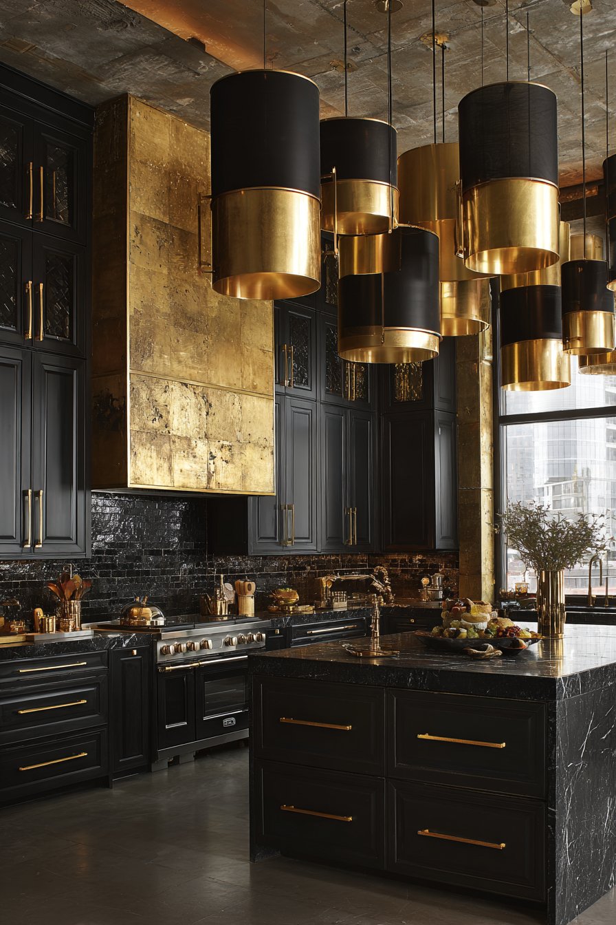 Comprehensive Lighting Design with Gold Pendants and Black Shades