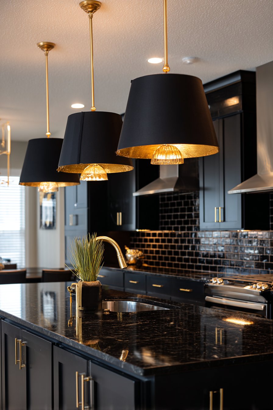 Comprehensive Lighting Design with Gold Pendants and Black Shades