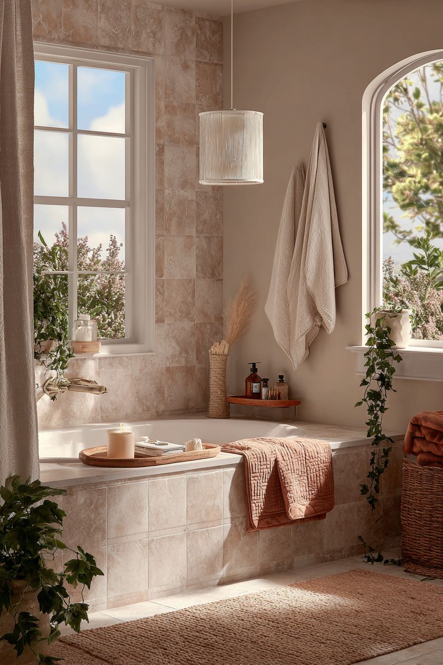 Corner Tub Sanctuary with Quilted Bath Caddy